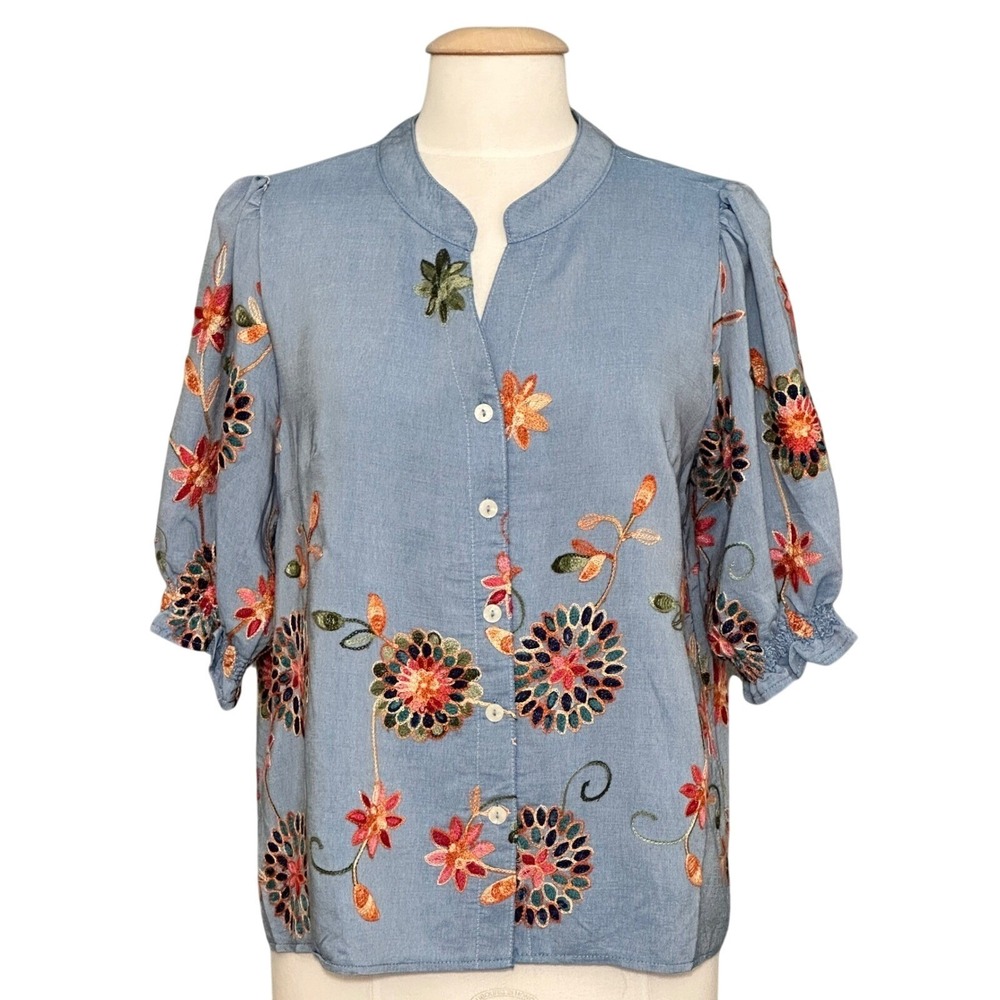 Parami Design Womens Top L Blue Floral Embroidered Boxy Peasant Country Cottage